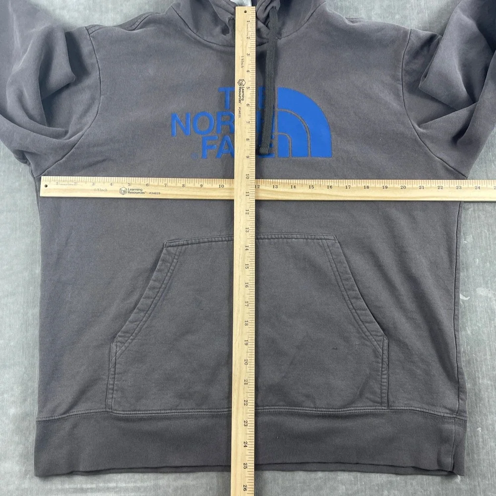 The North Face Men Large Gray Hoodie Blue Logo Graphic Pullover Sweatshirt